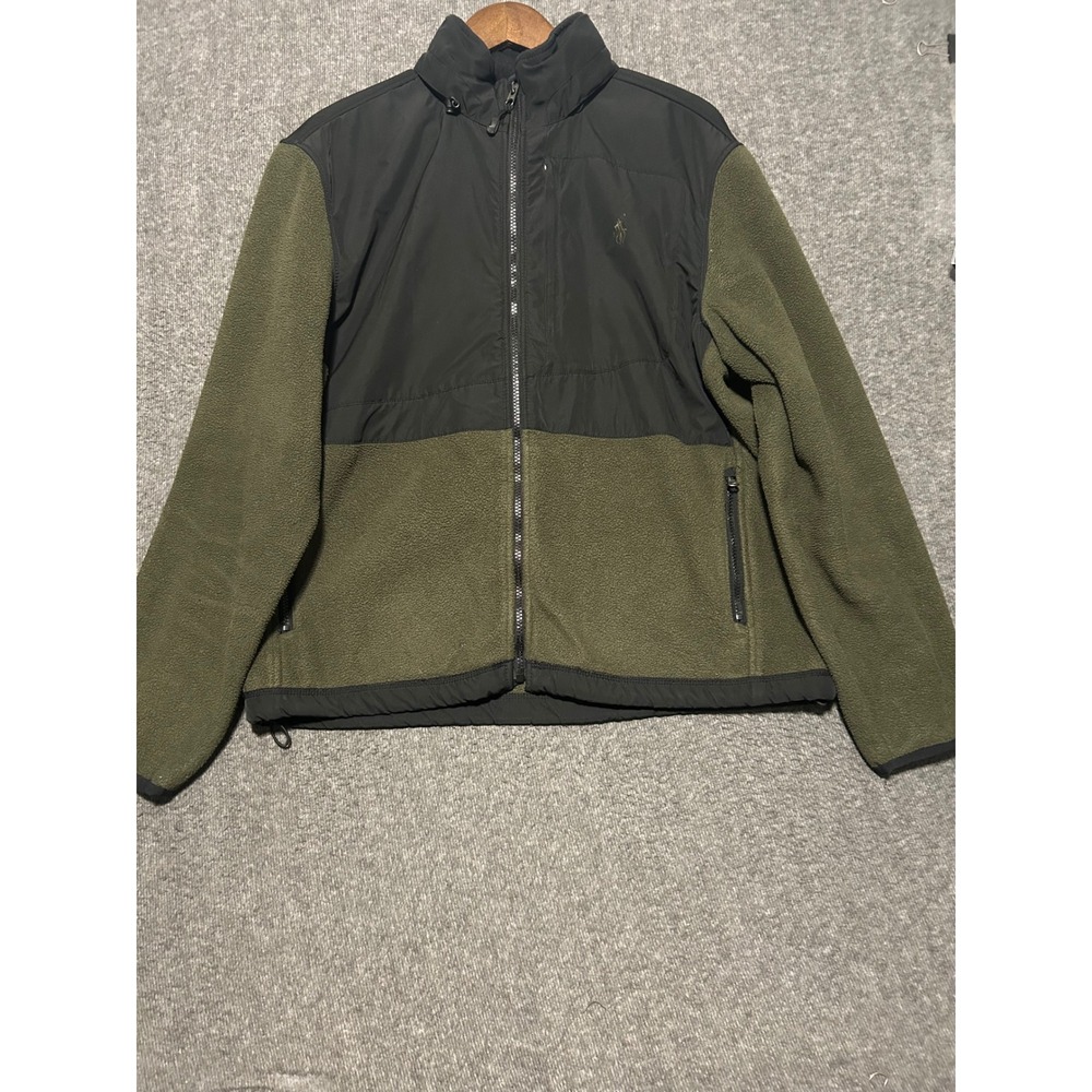 Polo ralph lauren fleece full zip hooded jacket mens Large vintage green black